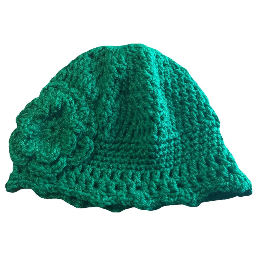 Beanie Hat Crochet‎ Flower Women's One Size Green Handmade Knit NEW